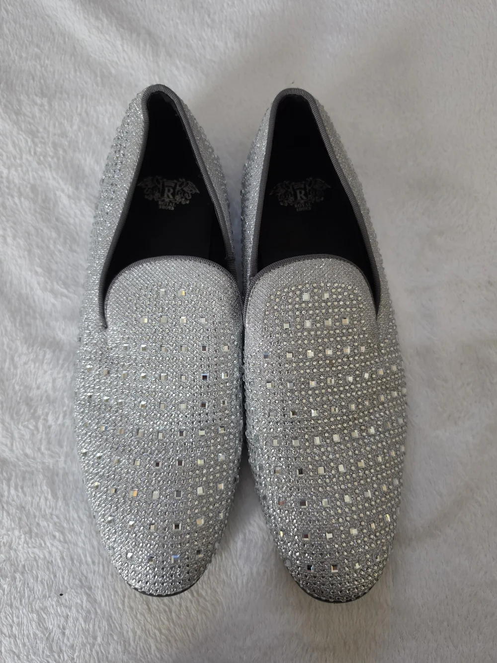 Royal Shoes Embellished Studded Sparkling Slip-On Smoker Loafers Silver Sz 12